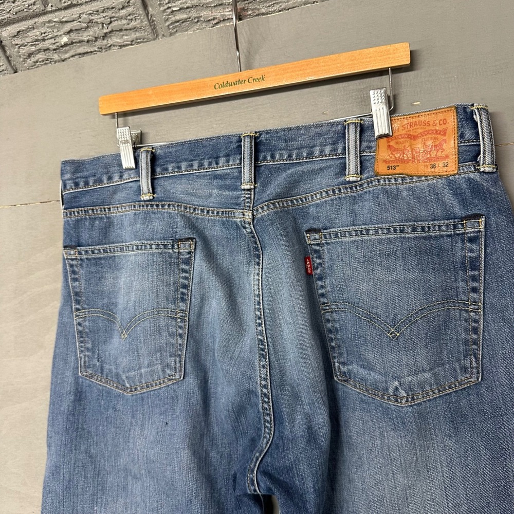 Levis 513 Slim Straight Mens Blue Distressed Jeans 38x32 Medium Wash Ripped